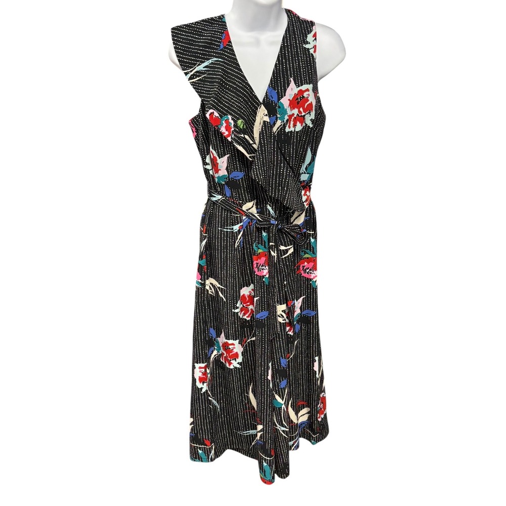 Apt 9 Floral Midi Dress Black‎ White Polka Dot Sleeveless Belted Womens Size 6
